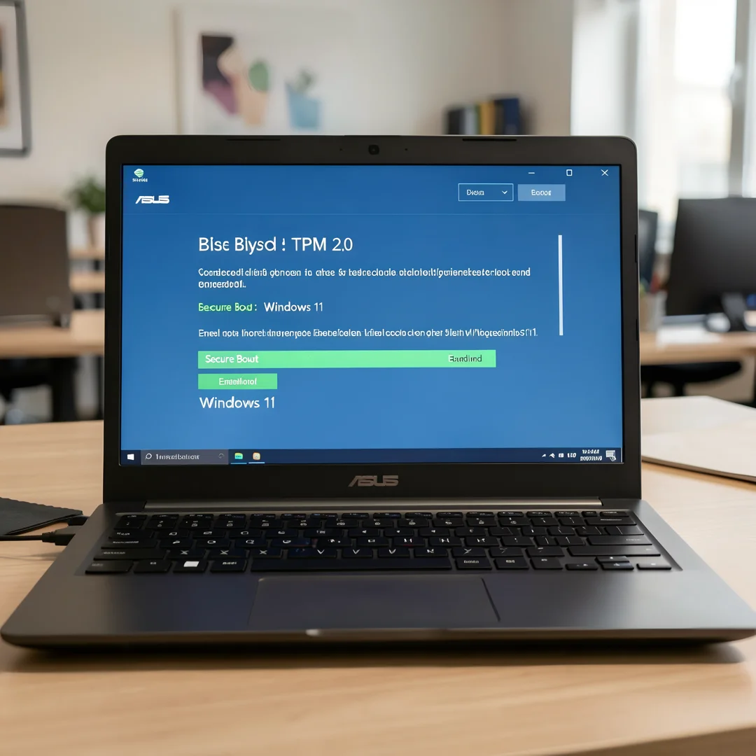Step 1: ASUS laptop BIOS screen showing TPM 2.0 and Secure Boot enabled for Windows 11 compatibility check