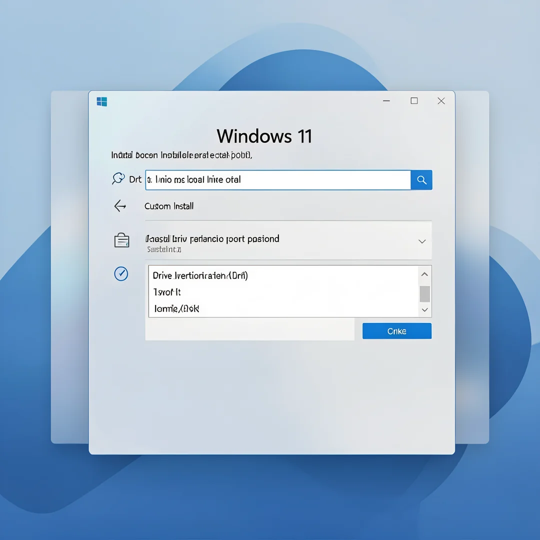 Step 5: Windows 11 installation setup screen showing custom install and drive partition selection