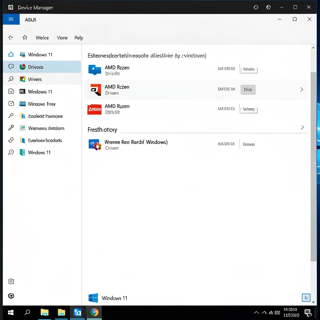 Step 7: ASUS laptop device manager showing AMD Ryzen drivers installed after Windows 11 setup